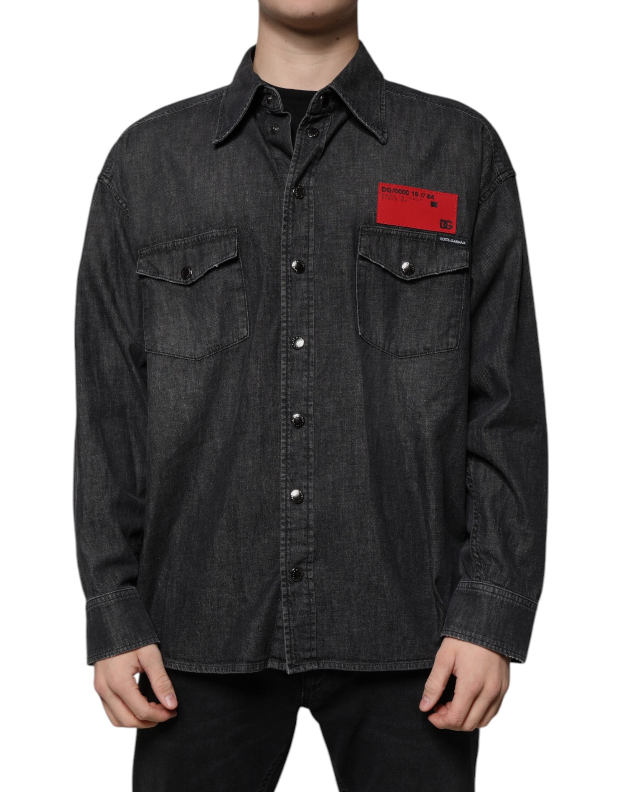 Dolce & Gabbana Black logo cotton shirt with denim button placket